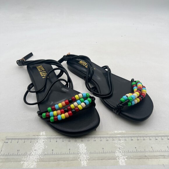 miss left Black Beaded Flat Sandals for Women Ankle Strap Open Toe Slide Sandals - Picture 4 of 8